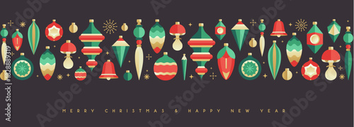 Holiday Christmas poster or banner with tree toys, baubles, knick knacks, pine cones and decorations. Christmas greeting card design. Vector illustration.