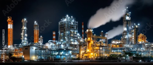 Wallpaper Mural Industrial Nightscape: An awe-inspiring panorama of a modern industrial complex, illuminated against the backdrop of a moonlit sky, with plumes of smoke rising from towering structures. Torontodigital.ca