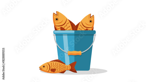 A blue bucket with three orange fish two inside and one beside it