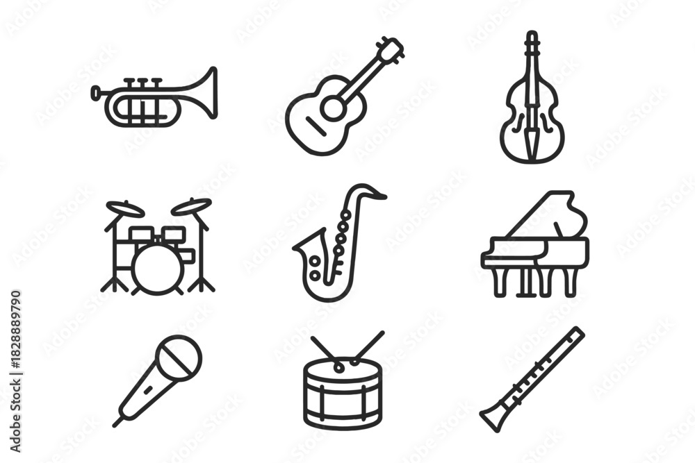 Obraz premium Nine outline symbols of musical instruments including trumpet, guitar, piano, and drums