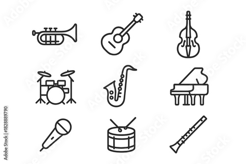 Nine outline symbols of musical instruments including trumpet, guitar, piano, and drums