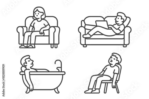 Outline icons showing people resting, bathing, working from home, and sitting comfortably