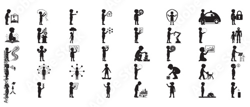 Collection of Children Silhouettes Interacting with Technology and Science