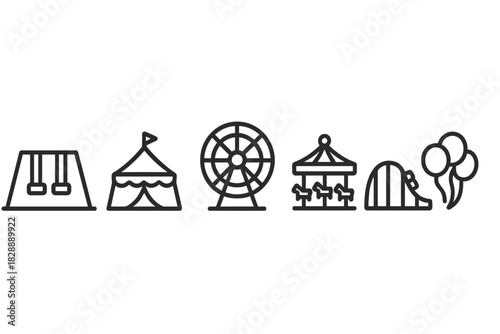 Set of amusement park and carnival icons featuring Ferris wheel, roller coaster, carousel, and circus tent