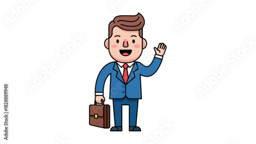 A cartoon businessman in a blue suit waves and holds a briefcase
