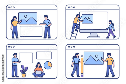 Collaborative team working on website development and content management within browser interface