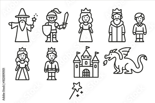 Fantasy fairy tale characters and medieval kingdom elements outline set