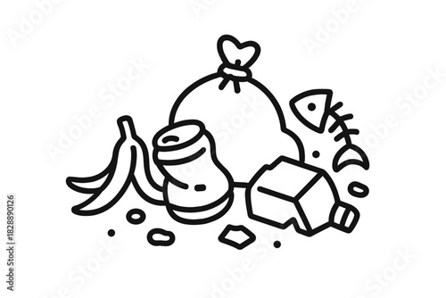 Heap of mixed household waste, organic food scraps and inorganic trash