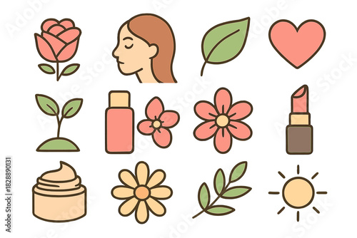 Set of beauty and nature symbols featuring flowers, leaves, skincare products, and a woman's face profile
