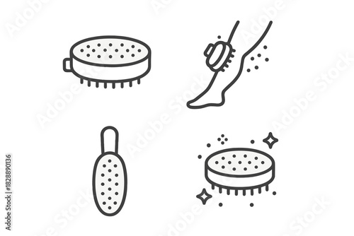Outline icons set of dry brushing and body massage tools for skin care