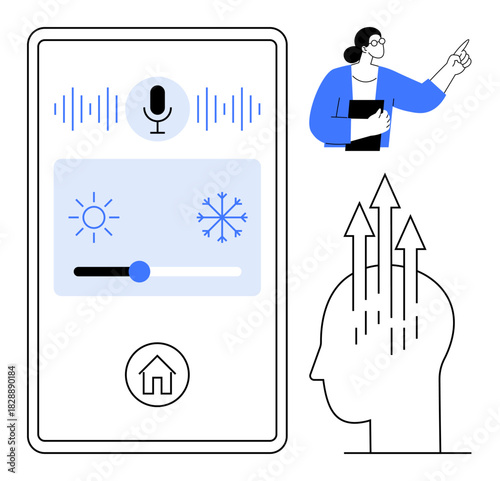 Smart Home Control. Interface voice commands and climate adjustments smart home systems. Smart home integrates AI, automation, and learning. For IoT, tech, AI-assisted living, home innovation smart