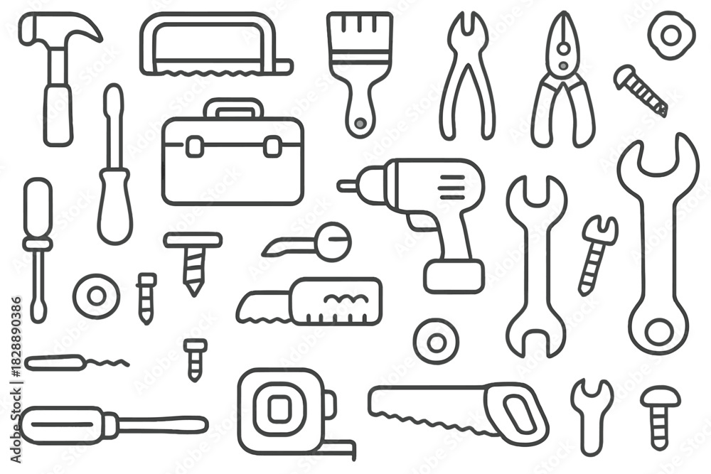 Obraz premium Repeating background pattern featuring essential construction, carpentry, and repair tools