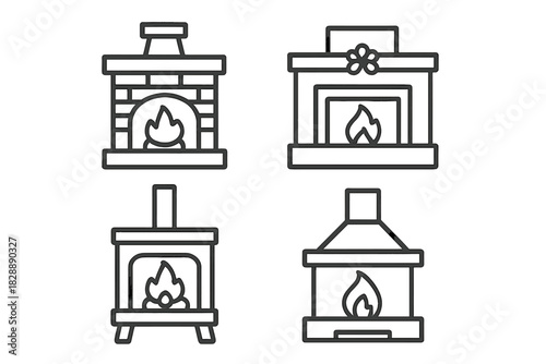 Four different fireplace and wood stove designs with burning flames for home heating concepts