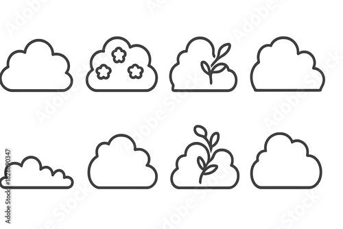 Set of minimalist outline icons showing different shapes of garden bushes and natural foliage elements