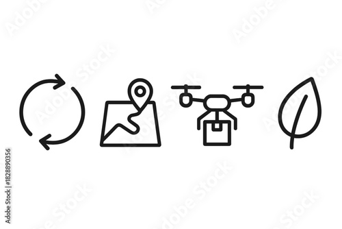 Modern logistics, sustainable delivery, location tracking, and environmental responsibility line icons