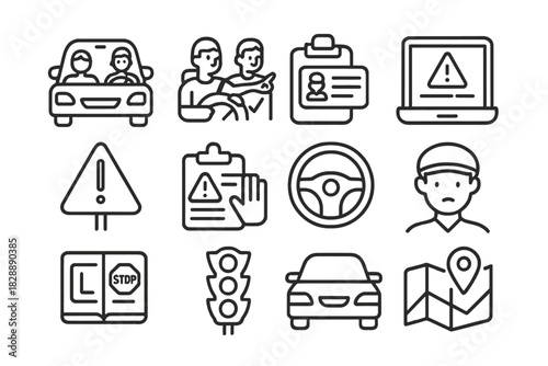 Collection of outline symbols for driving school, road safety, and license testing