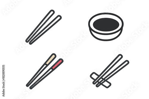 Minimalist icons set of Asian chopsticks and dipping sauce bowl styles