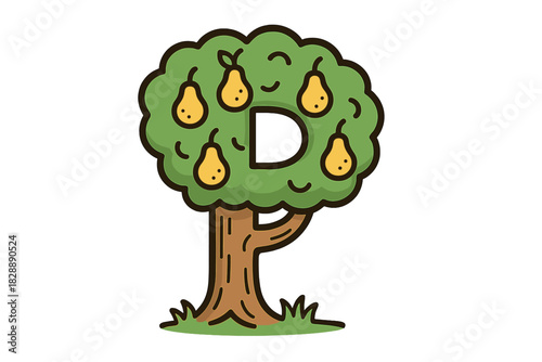 Stylized pear tree with ripe yellow fruit and large capital letter D integrated into the foliage design