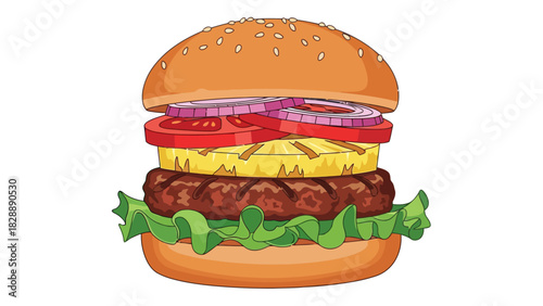 A cartoon hamburger with lettuce patty pineapple tomato and red onion