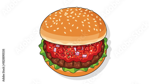 A cartoon hamburger with lettuce patty sauce and diced onions on a sesame seed bun