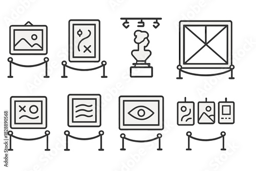 Linear symbols of museum and art gallery exhibits, paintings, and sculptures