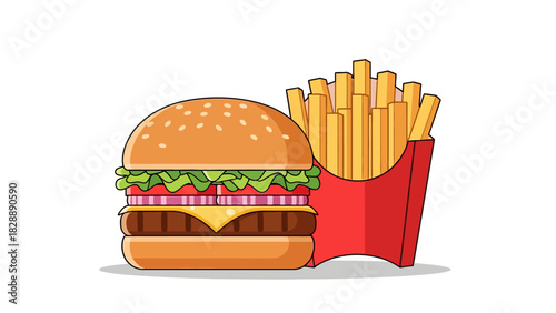A cartoon hamburger with lettuce tomato onion cheese and patty next to a red carton of french fries