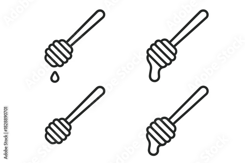 Minimalist black line art of a wooden honey dipper showing stages of dripping honey