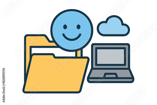 Happy user accessing digital data storage on a laptop via secure cloud network
