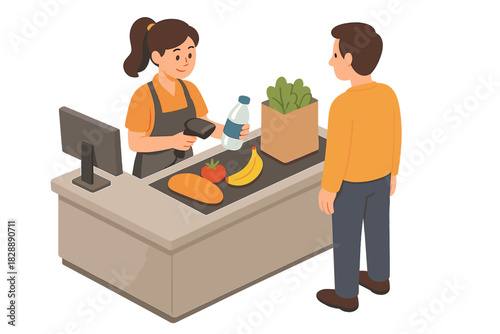 Cashier scanning groceries for a customer at the supermarket checkout counter during daily shopping