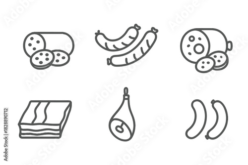 Collection of processed meat products including salami, sausage, bacon, and cured ham