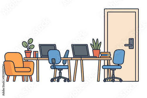 Contemporary shared desk with laptops, ergonomic chairs, and potted plants next to a closed door