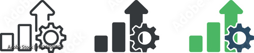 Isolated icon depicting a bar graph with an upward arrow and a gear, symbolizing growth, progress, and efficient operations in business and technology.