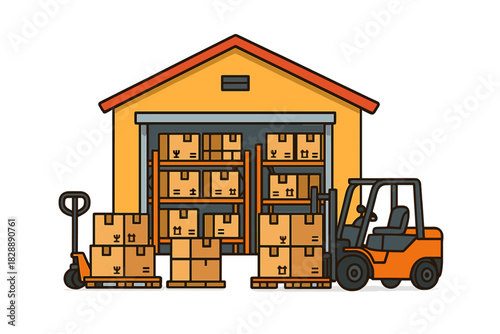 Warehouse building exterior with forklift and pallet jack moving cardboard boxes on storage shelves