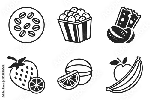 Set of six minimalist snack food icons in black and white