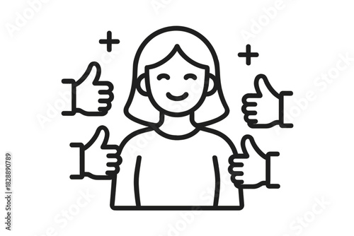 Smiling person receiving positive feedback and high rating approval with multiple thumbs up icons
