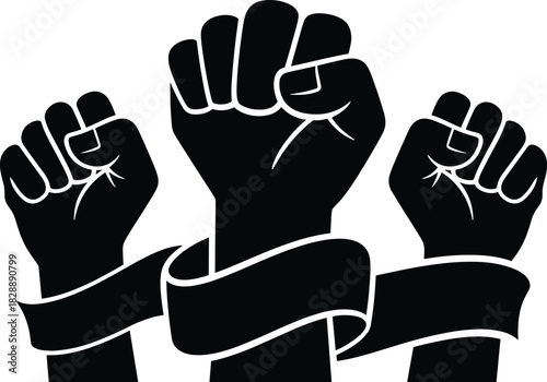Three raised clenched fists in protest, bound by a decorative black ribbon, symbolizing unity and collective power