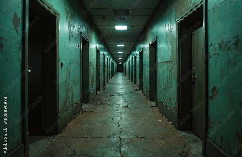 Fototapeta premium Long dark corridor with many doors leads into distance. Light shines at end of creepy hallway. Repetitive doors along old damaged grungy wall. Hallway background suggests concept of choice.