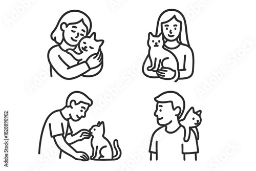 Minimalist outline icons showing owners holding, petting, and caring for their domestic cats