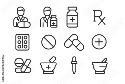 Outline icons for pharmacy, medication, healthcare, and medical professionals