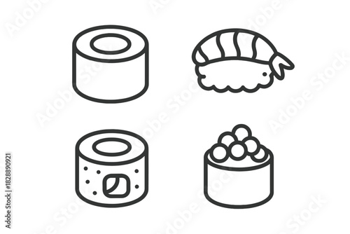 Outline symbols showing popular Japanese sushi varieties like maki, nigiri, and roe rolls