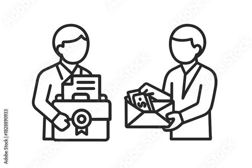 Business figures exchanging confidential documents for cash payment in an envelope