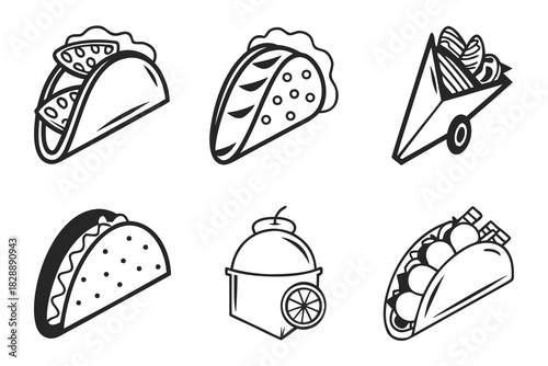 Minimalist tacos and burritos icon set for food businesses