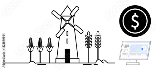 Windmill surrounded by corn and wheat, alongside a dollar sign and a computer screen. Ideal for agriculture, sustainability, renewable energy, rural economy, technology, data analytics, financial