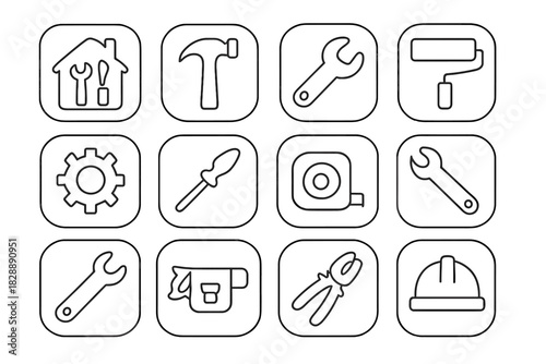 Home repair and construction tools including hammer, wrench, screwdriver, and safety helmet