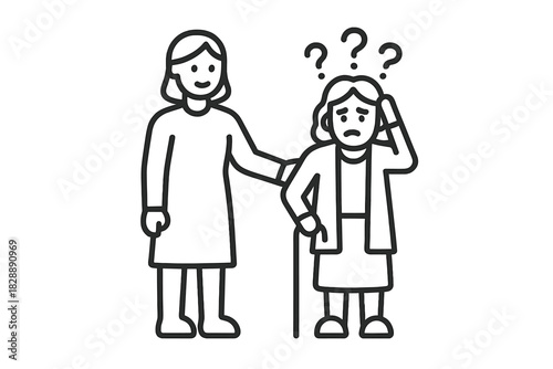 Caregiver supporting an elderly woman experiencing confusion and memory loss