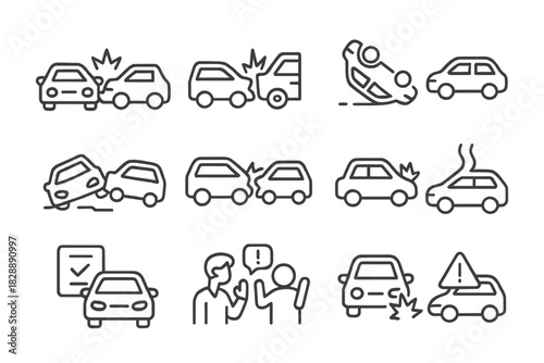 Outline symbols depicting various automobile crashes, vehicle damage, and insurance claim processes
