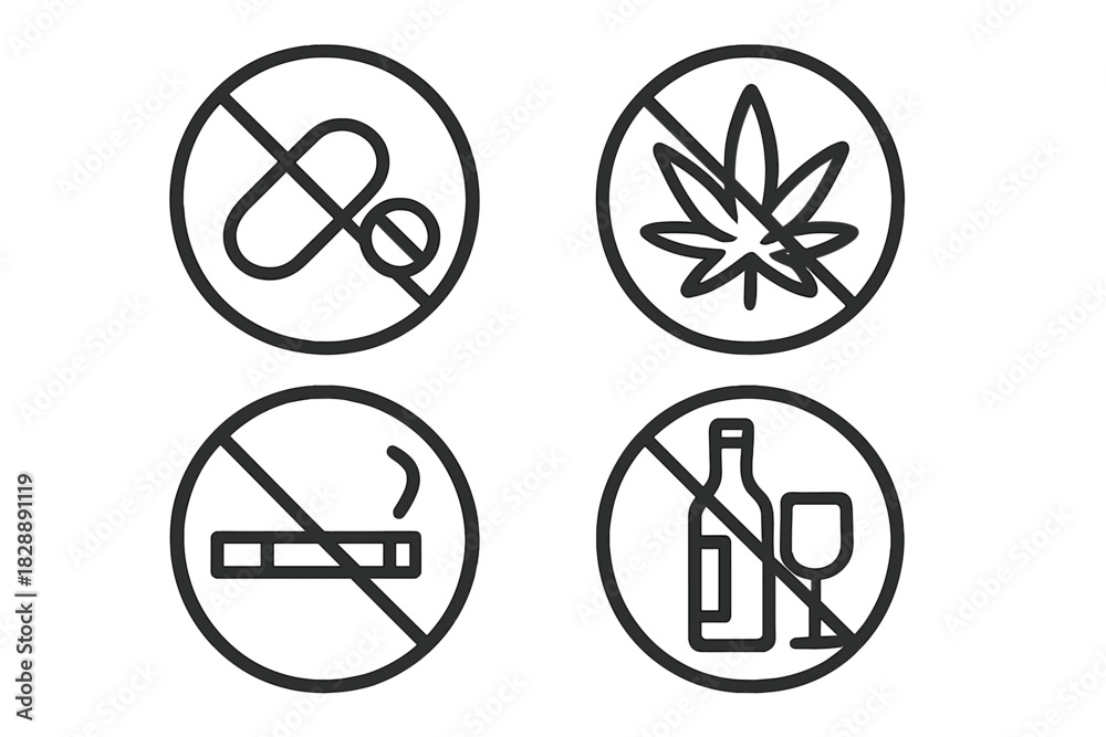 Fototapeta premium Set of prohibition signs for drugs, cannabis, smoking, and alcohol consumption