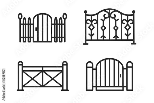 Diverse set of ornamental and functional gates including wooden, wrought iron, and picket styles