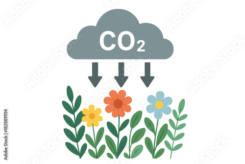 Carbon dioxide cloud descending onto colorful flowers and green leaves for CO2 absorption