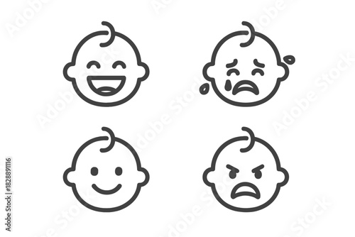 Baby faces showing various emotions including laughing, crying, smiling, and angry expressions